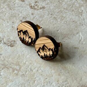 Mountain Wood Stud Earrings | Rustic Tree Mountain Line Earrings | Gold-Plated